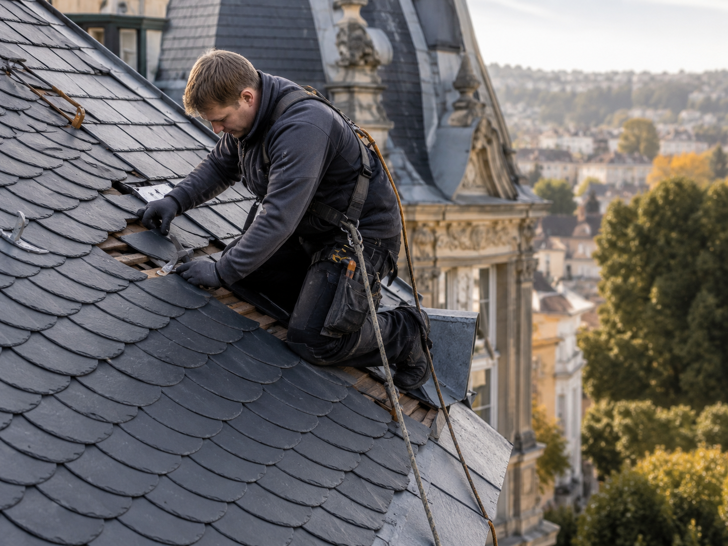 DACHWERK-Dachdecker bei der Reparatur einer Schieferdeckung mit Stadtblick