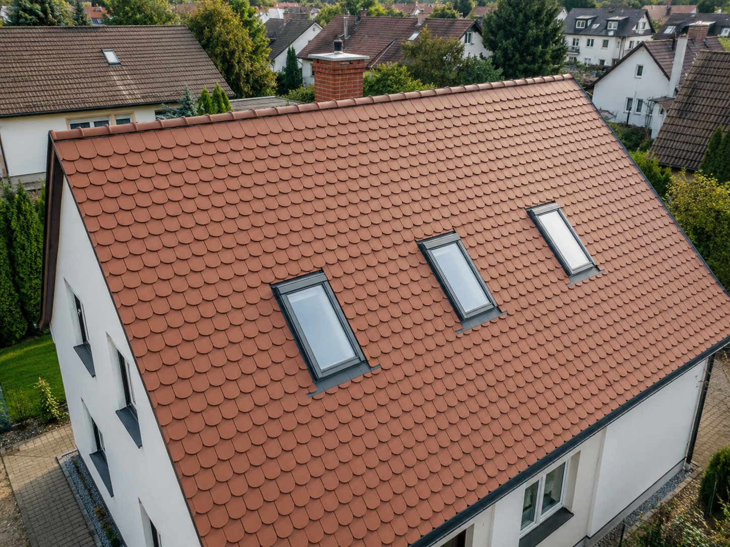 Frisch saniertes Schrägdach mit Biberschwanzziegeln aus der Drohnenperspektive