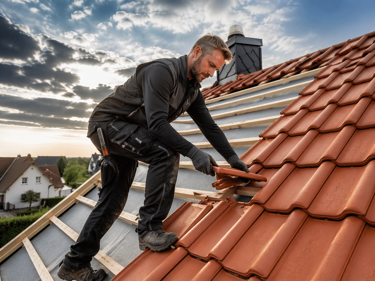 Dachdecker von DACHWERK bei der Ziegeleindeckung eines Schrägdachs
