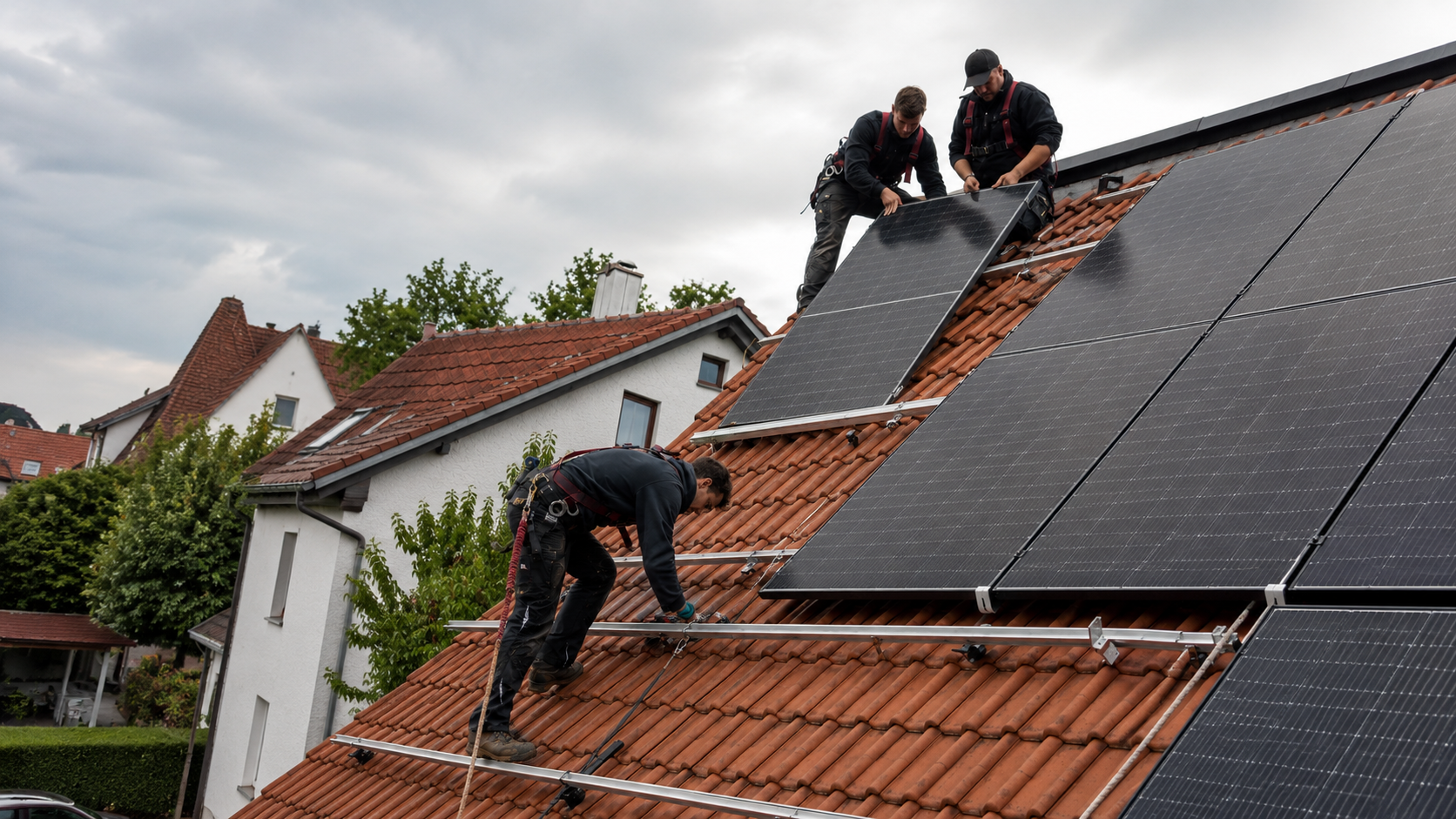 DACHWERK-Team bei der Montage einer Photovoltaik-Anlage auf einem Ziegeldach